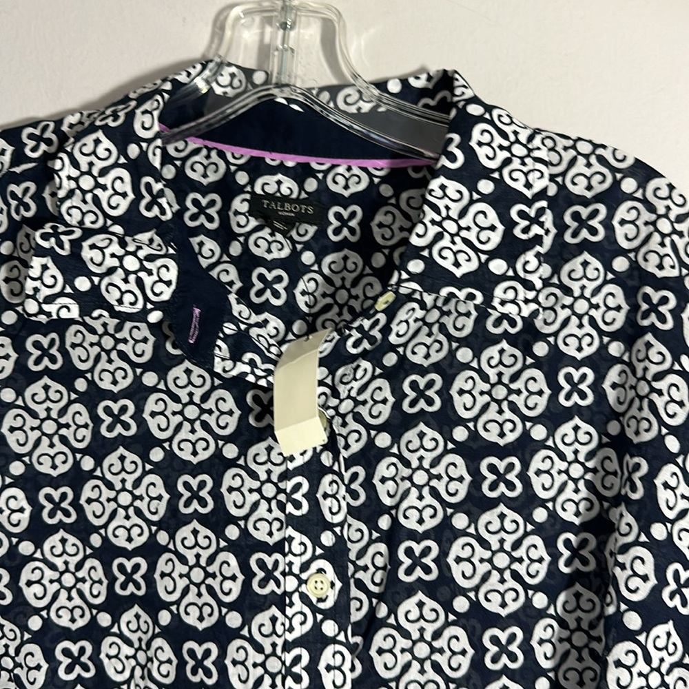 Talbots Womens Small Shirt Navy Blue White Medallion Print Button Down Cotton X - Picture 3 of 8